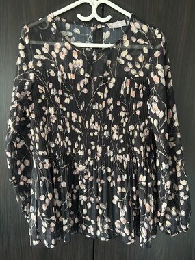 NWOT Sheer Black Floral Pleated Blouse